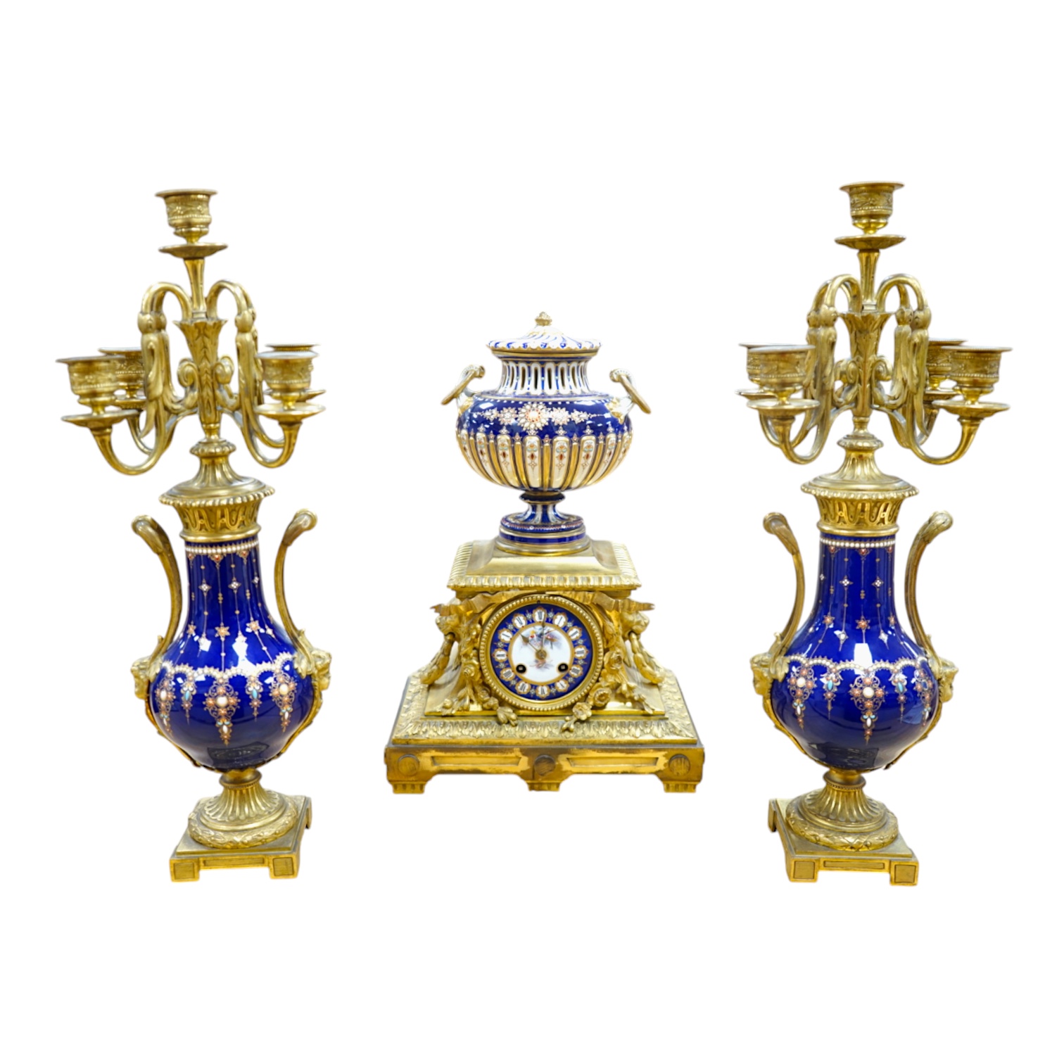 A 19th century Sevres style jewelled porcelain and ormolu matched clock garniture, striking on a bell, with pendulum, 51cm high. Condition - fair to good, minor restoration, untested